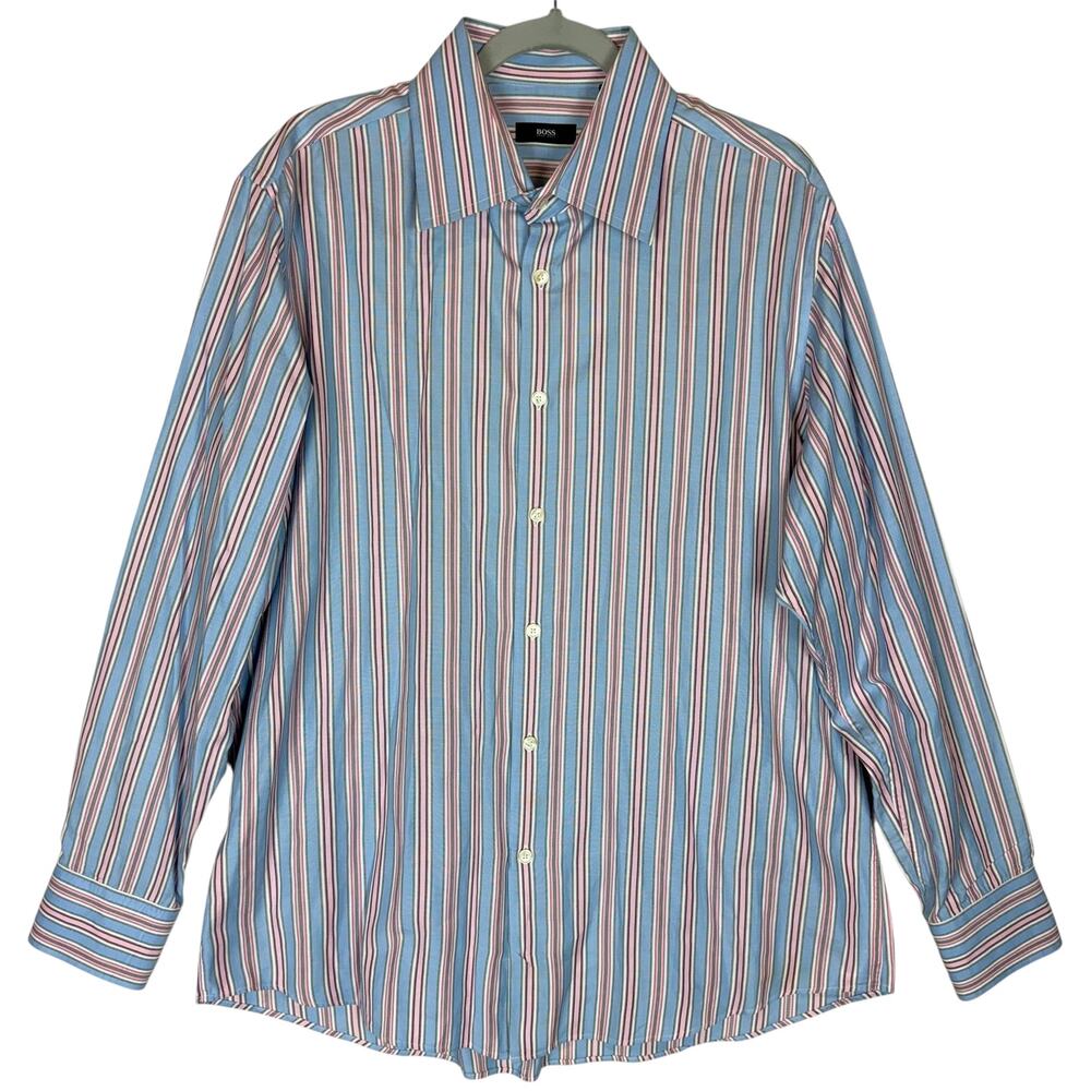 Hugo Boss Dress Shirt Mens 17.5 34/35‎ Multicolor Striped Cotton Career Formal